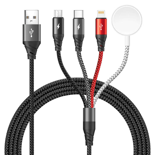 4-in-1 Magnetic Wireless Charging Cable – Fast Charger for Apple Watch, iPhone 15/14/13, Samsung, USB-C | Travel-Ready 4FT Cable